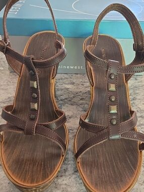 Nine West Dark Brown Leather T-Strap Wedge Sandals